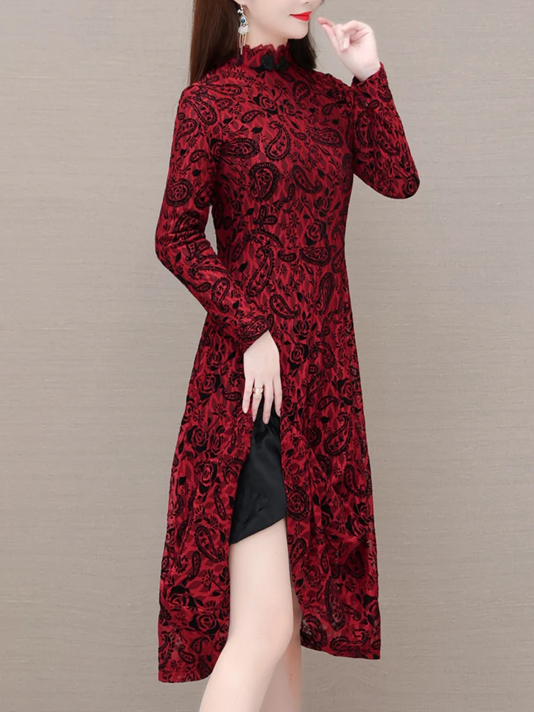 Autumn Winter Plus Velvet Thick Warm Dress Women Vintage Red Lace Luxury Evening Long Dress Bodycon Elegant Party Midi Vestidos