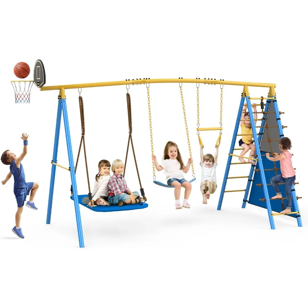 

7 in 1 Backyard Swing Set 660lbs - Kid Outdoor Playground with Trapeze Bar, Platform Swing, Belt Swing, Climbing Rope & Ladder