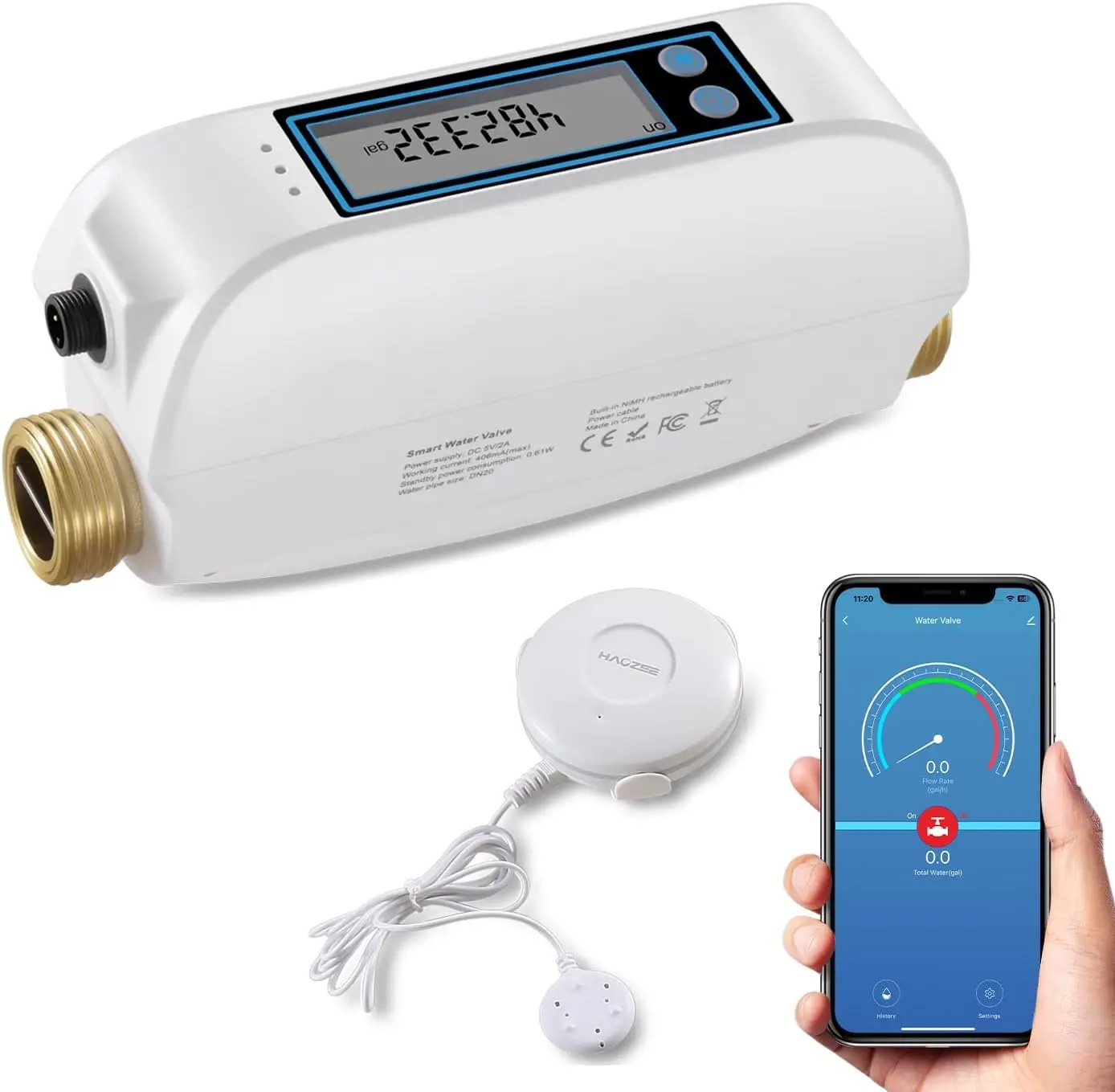 

Haozee Tuya Smart WiFi водяной клапан отключения расходомера воды встроенная перезаряжаемая батарея для трубы диаметром 3/4 дюйма DN20