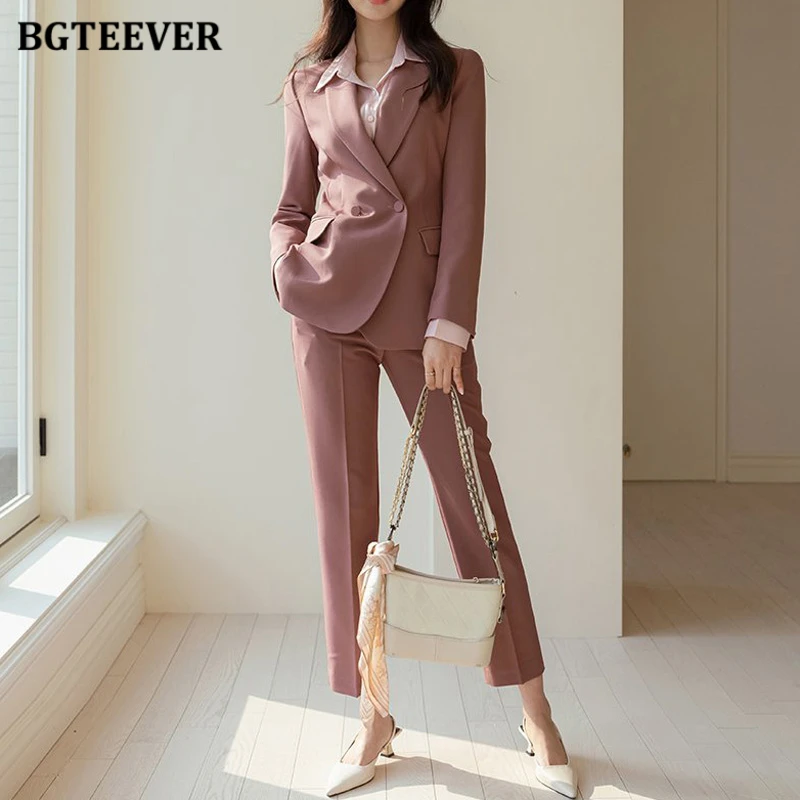 BGTEEVER ฤดูใบไม้ผลิฤดูใบไม้ร่วงผู้หญิงชุดสูท Double Breasted Slim แจ็คเก็ตสุภาพสตรีกางเกงดินสอ Elegant หญิงกางเกงชุด