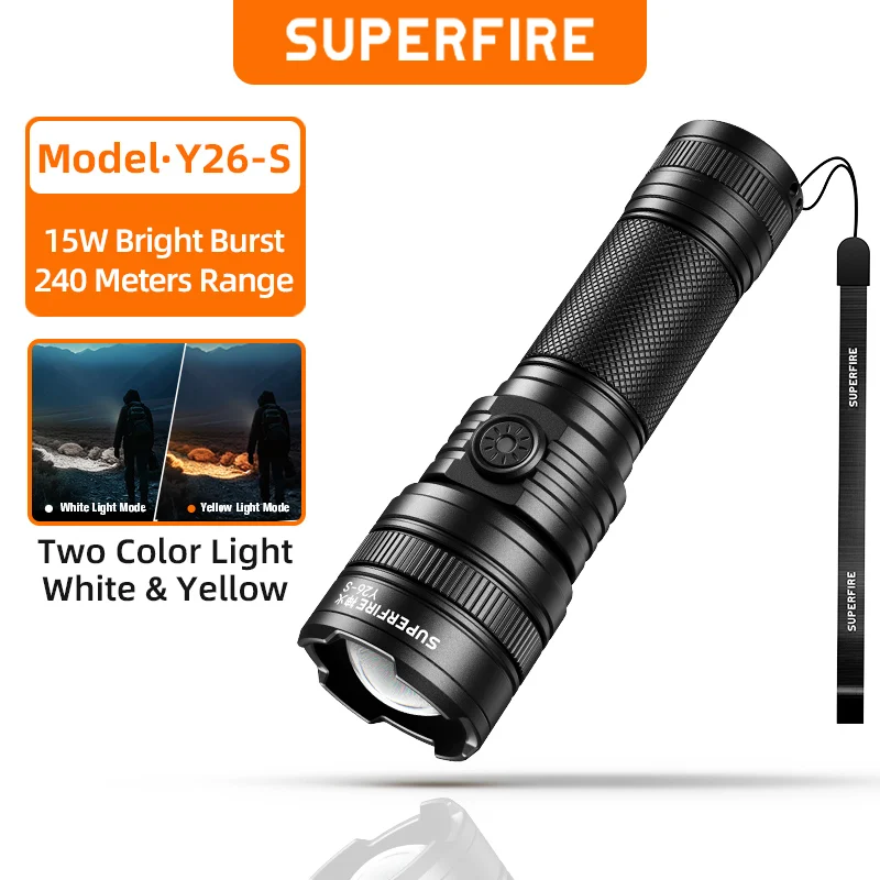 SUPERFIRE Y26/Y26-S 15W lampe de poche injuste jaune/lumière blanche zoomable EDC torche 600M longue portée TYPE C lanterne aste