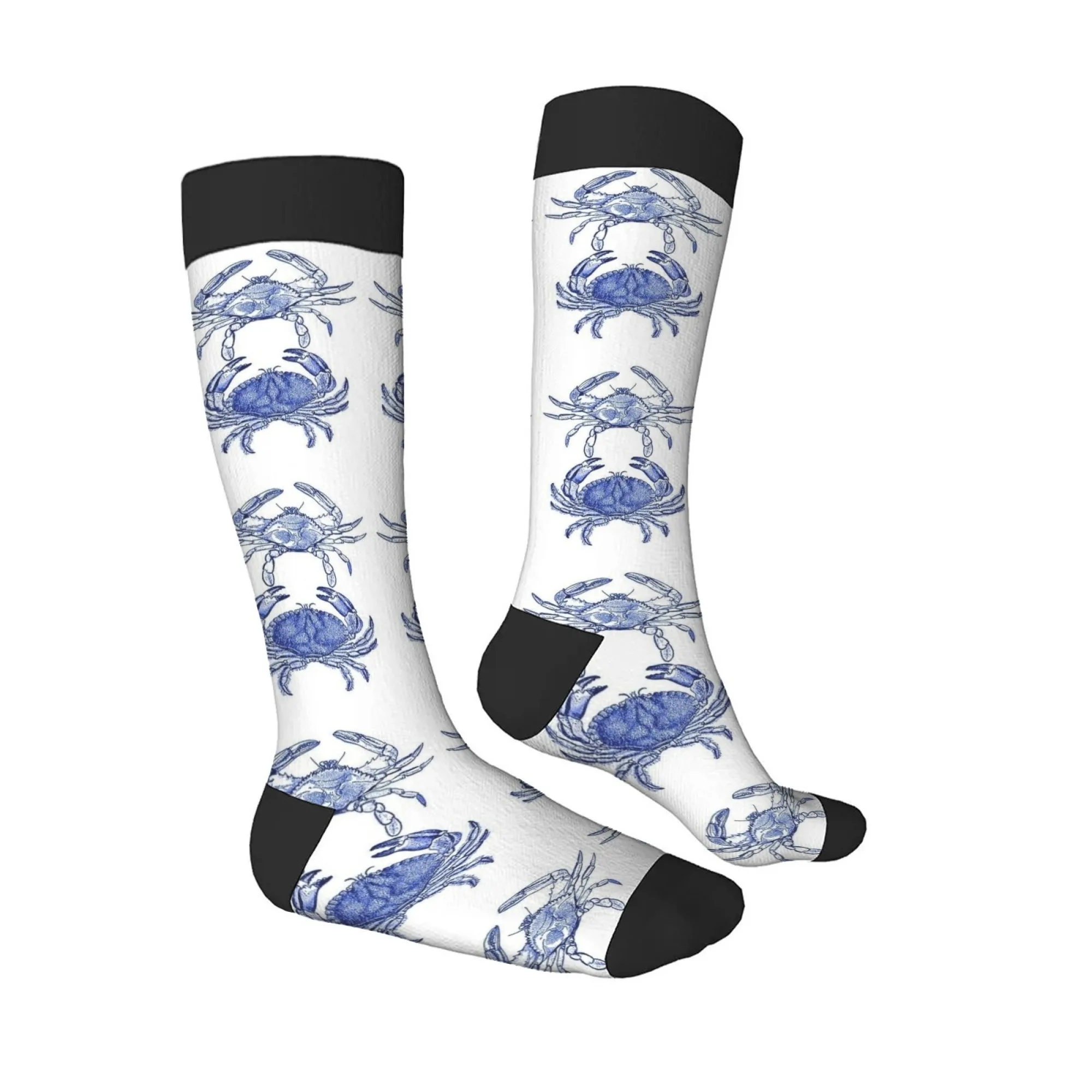 

White - Based Knee - High Socks Featuring Blue Crab Prints Vivid Blue Hues Claw Accents for Coastal Vibes Ideal Vocation Wear