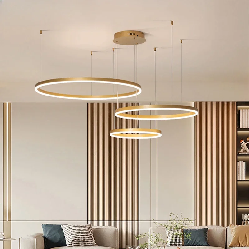 Minimalist Modern Led Chandelier Home Lighting Brushed Rings Ceiling Mounted Chandelier Lighting Hanging Lamp Gold&Black Frame