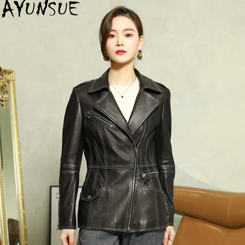AYUNSUE 100% หนังแกะจริงหนังแจ็คเก็ตผู้หญิง 2025 รถจักรยานยนต์Slim Fitฤดูใบไม้ผลิฤดูใบไม้ร่วงเสื้อผ้าสตรีผักฟอกหนัง
