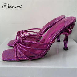 Laser Narrow Band Bowknot Sandals Women 2024 Square Toe Slingbacks Unique Flamingo Heel Party Shoes Summer