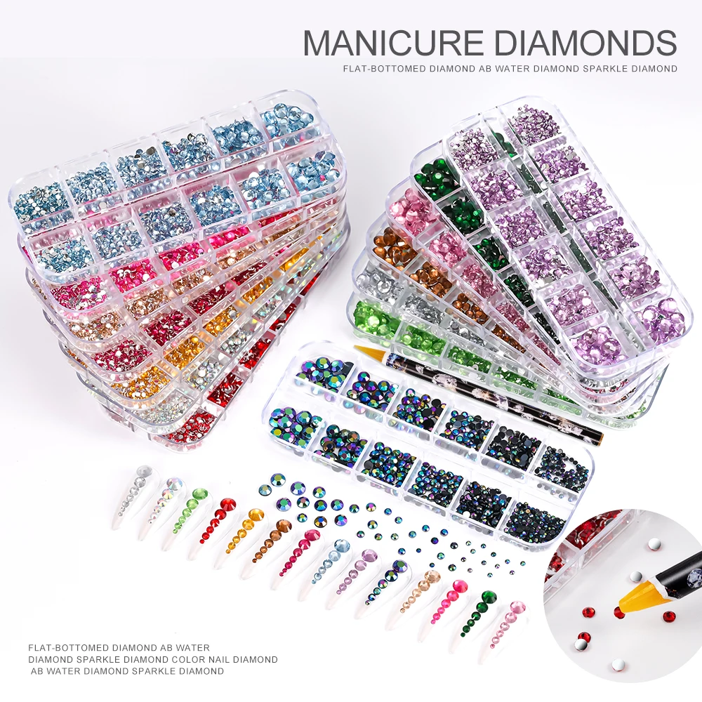 Prego Rhinestones e Kits de Caneta, Sparkly, Crystal Flatback, Diamante Gems, Multi-color, Nail Decor, Luxo, SS6-SS30, 1 Caixa