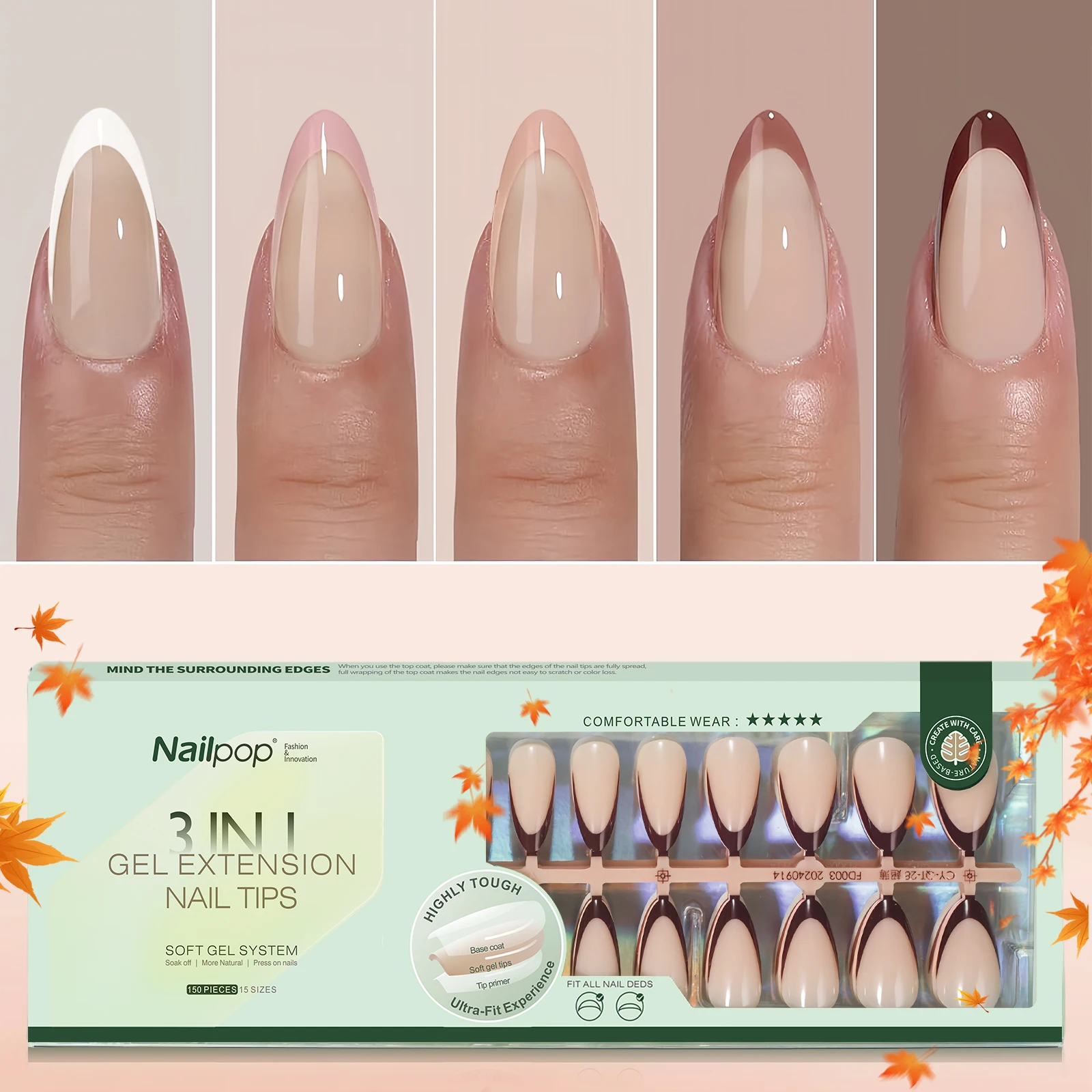 

Nailpop 150Pcs French Gel Nail Tips Medium Almond Pre-Colored Press on Nails Skin Tones Soft Gel Nails False Nail Extensions