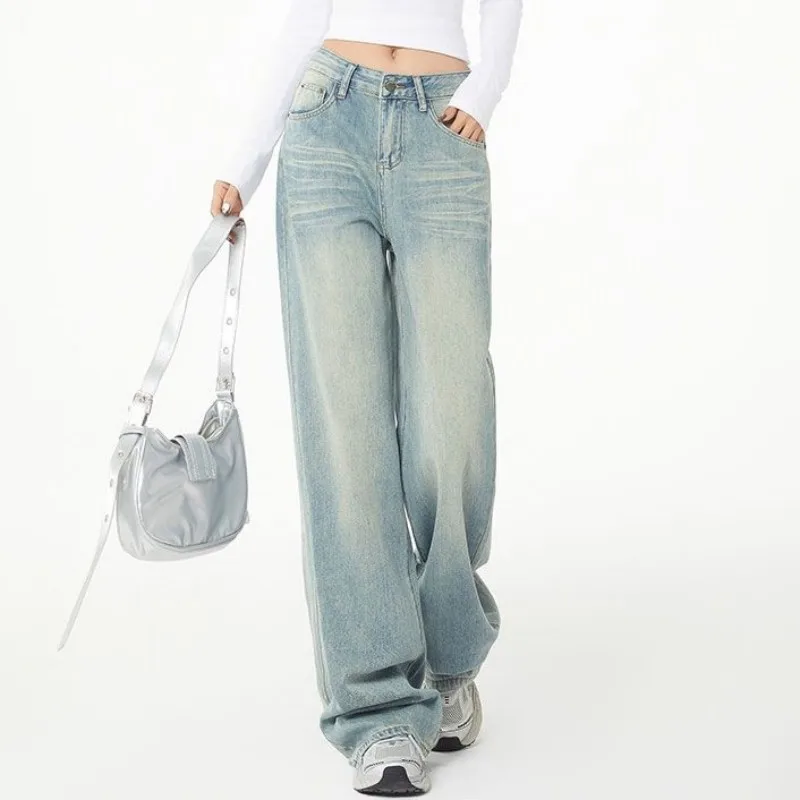 FINEWORDS Hoge taille wijde pijpen jeans Dames Koreaanse baggy jeans Koreaanse streetwear Easymatch Retro gewassen blauwe casual jeans