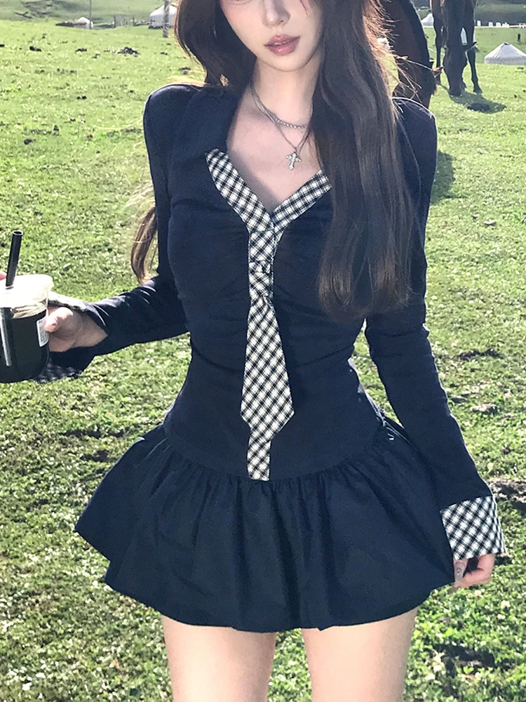 Pure Desire Spicy Girl Plaid V-ne Long Sve ort Skirt Set Women's Faion Autumn 2025 Puffy f-length Skirt Ensemble