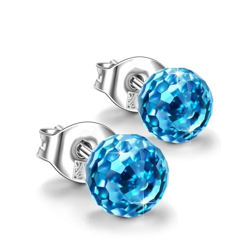 Women's Popular Blue Round Full Of Crystal Silver Stud Drop Earrings Party Gift
