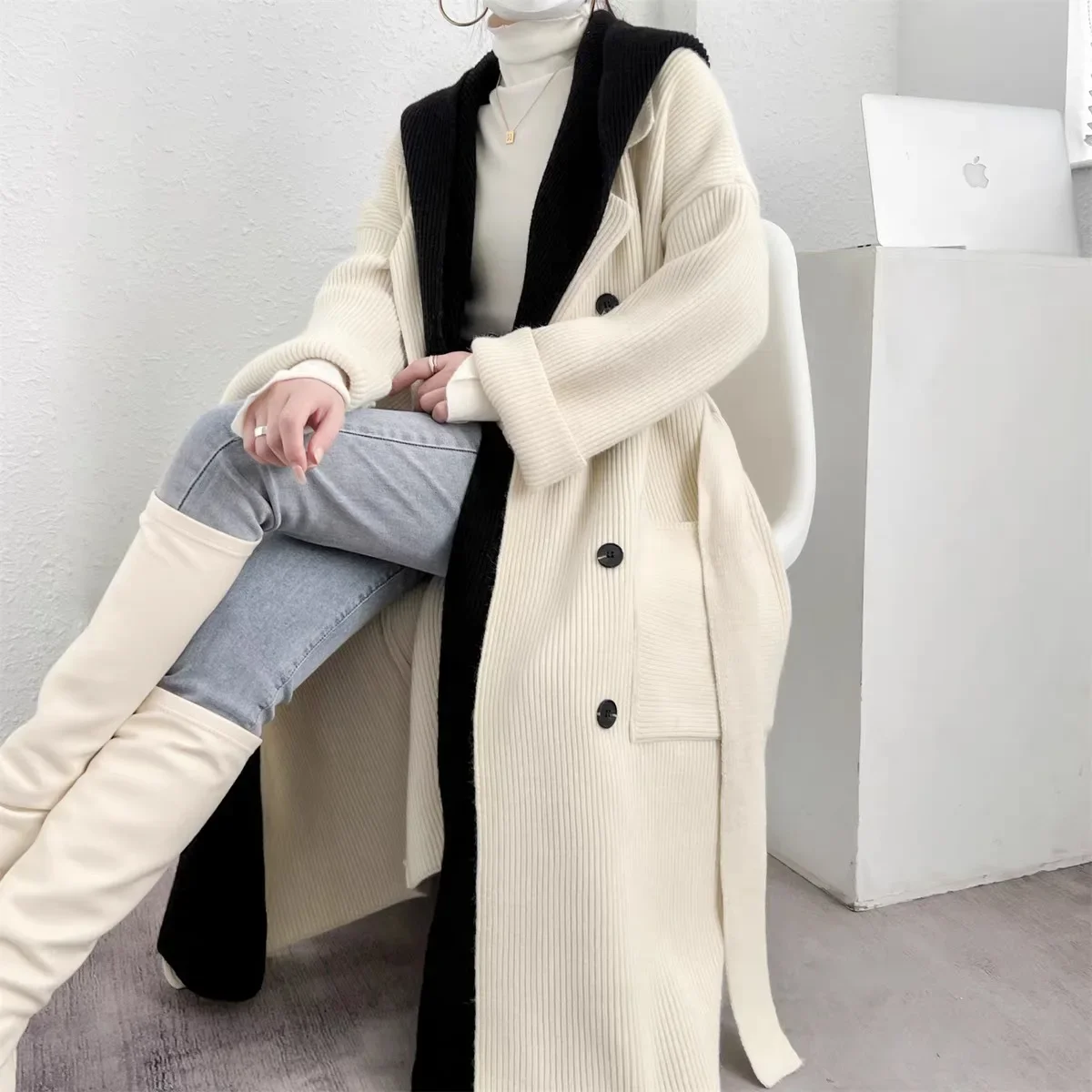 Hooded Long Cardigan 2024 Spring Knitted Women V-neck Autumn Winter Pocket Elegant Blue Outerwear Maxi Y2k Sweater Coat Jacket