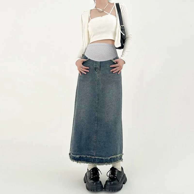 Pencil Skirts Tassel Denim Maternity Long Skirts Spring Summer Casual Clothes for Pregnant Women Pregnancy Straight Daily Wear