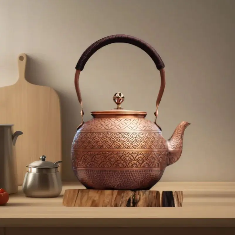 Traditional red copper teapot, Hand carved patterns, Household boiling water kettle for brewing tea, Health copper tea pot 1.2L
