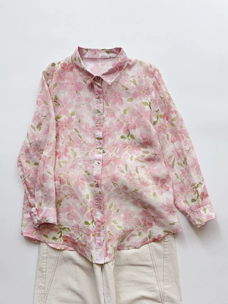Sweet Loose Pink Floral Shirt Women Pure Cotton Elegant Long Sleeve Blouse Spring Summer Vintage Casual Single Breasted Ins Tops