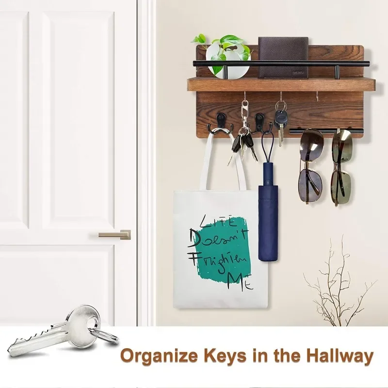 Wooden Wall Key Holder with 5 Hooks Mail Organizer with Shelf Home Decor for Entryway Hallway