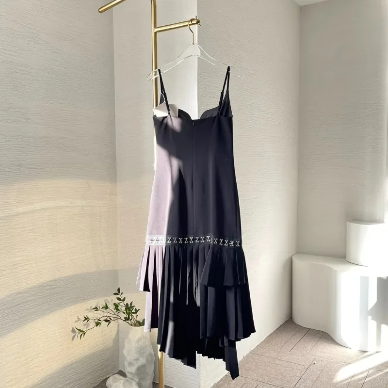 Women's Black Removable Suspender Irregular Hem Ruched Sleevless Midi Woman Dress for 2024 New Arrivals Summer Holiday