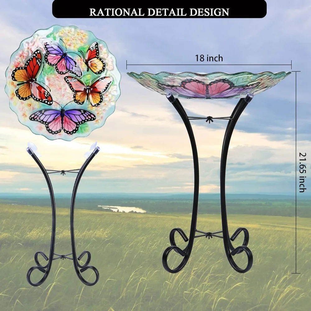 Banho de pássaros de vidro com suporte de metal para decoração de jardim, alimentador externo com design de borboleta