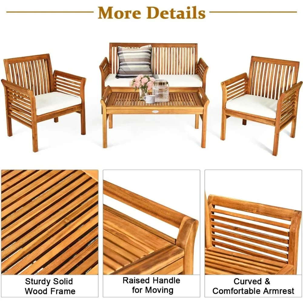 Outdoor Table and Chairs Set, 4 Piece Wood Set with Water Resistant Cushions, Outdoor Table and Chairs Set