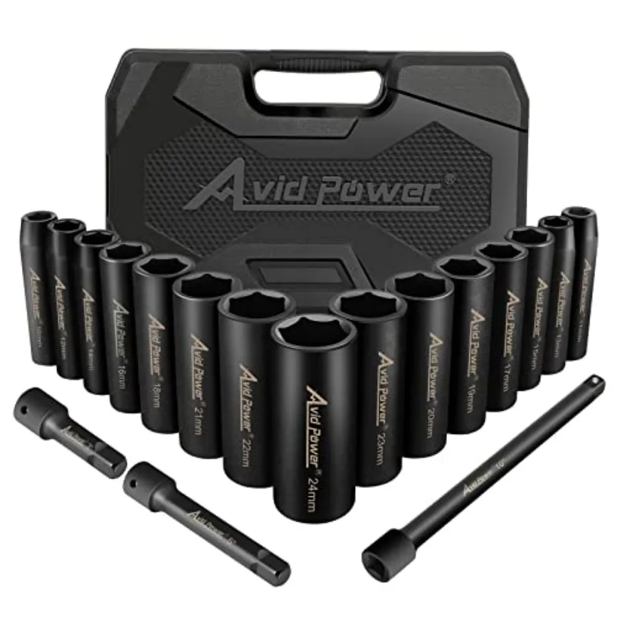 

18pcs 1/2-inch Drive Impact Socket Set 10-24mm Metric Sizes Sockets and 3'' 5'' 10'' Extension Bar 6 Point Cr-V Steel Socket Se