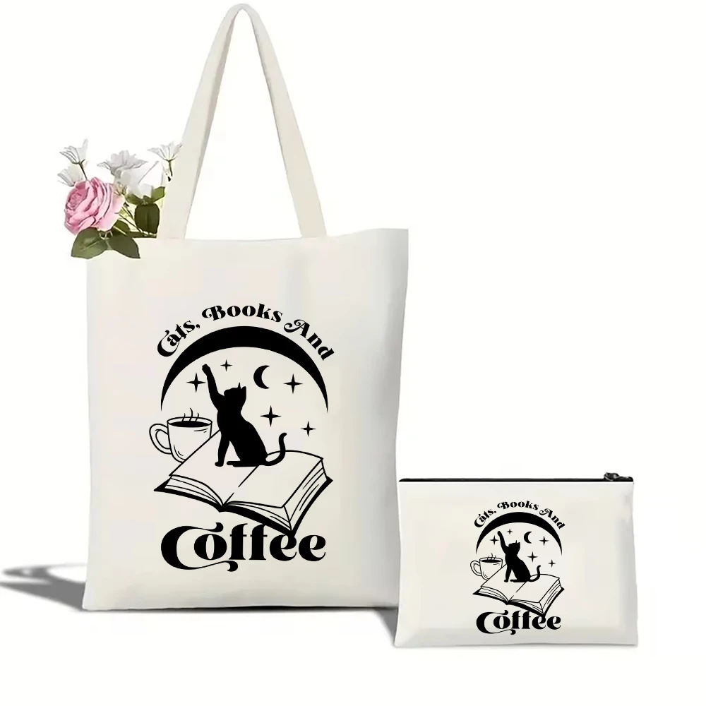 

Cats Books and Coffee Tote Bag Canvas Shoulder Bag with Makeup Bag Shopping Bags Handbag Girl Handbags