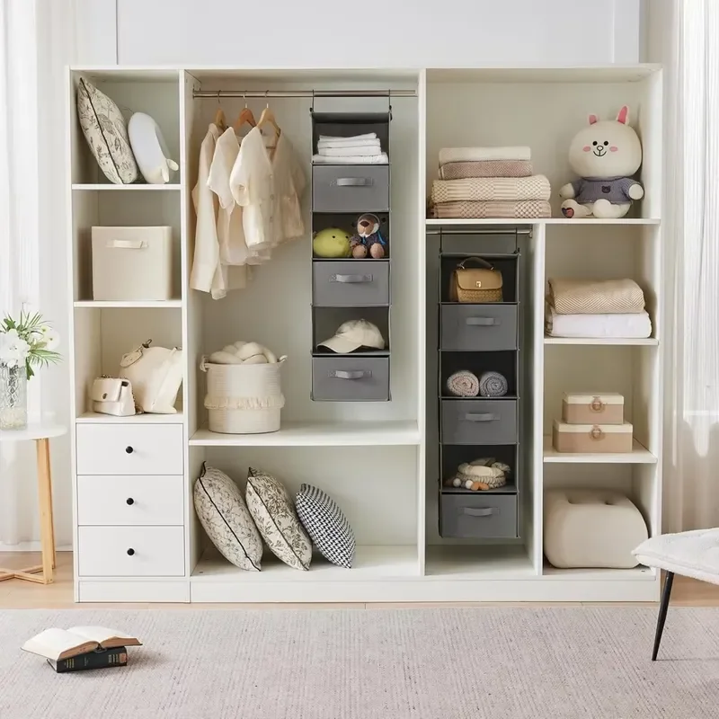 for 6-Layer non-woven modern hanging wardrobe storage rack, 3 drawers, side pockets, foldable clothing storage, bedroom