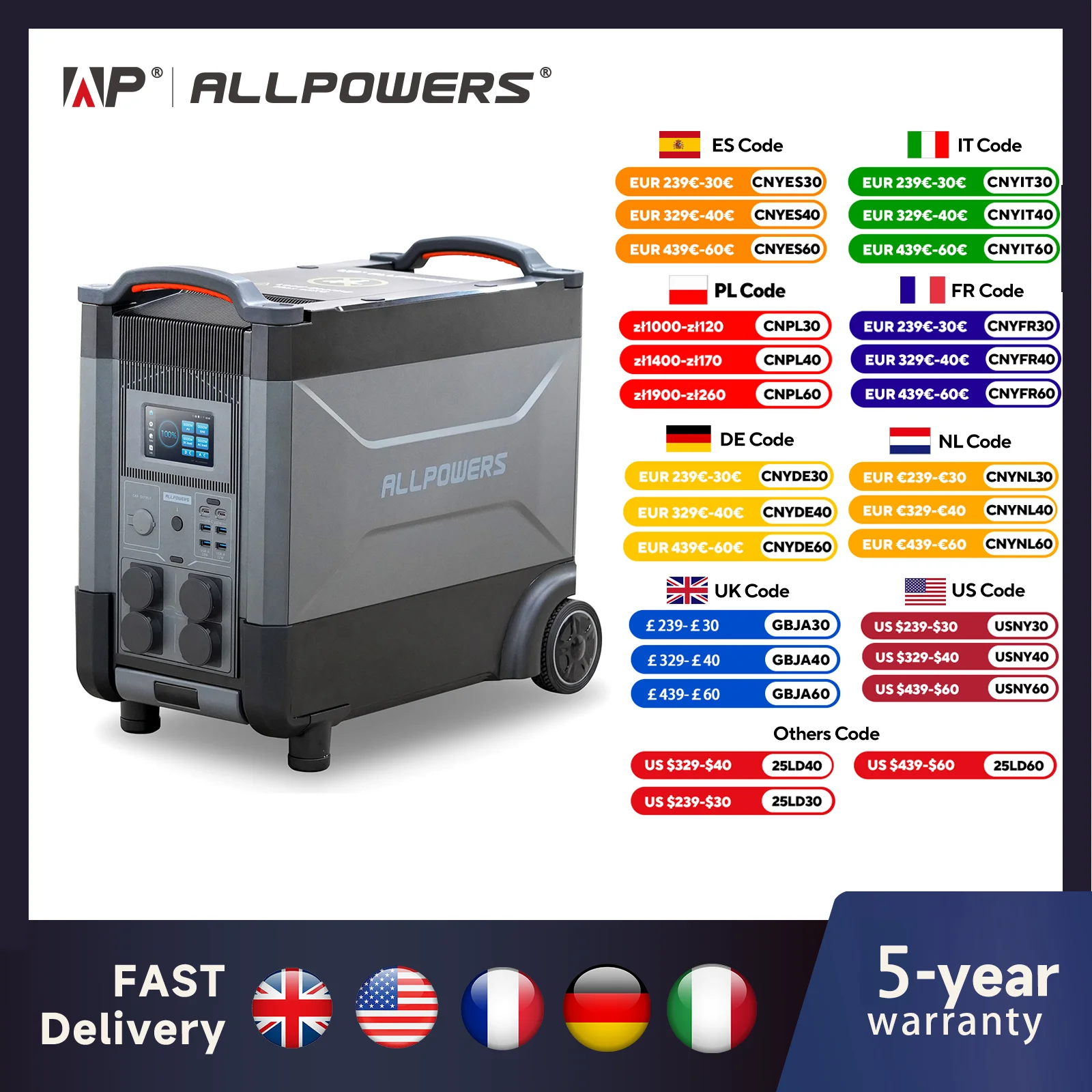 ALLPOWERS R4000 LiFePO4 Battery, 3600Wh Power Station 4000W Portable Generator, Expandable Battery for Power Outage, Travel，UPS