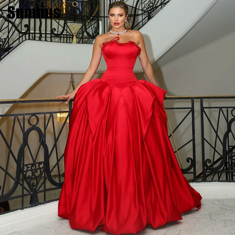 

Sumnus Classic A-Line Evening Dresses Strapless Draped Beads Floor Length Formal Occasion Gown فساتين سهرة Customized