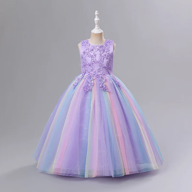 Girls' Dress Sleeveless Mesh Puffy Princess Length Rainbow Skirt Dinner Piano Performance Girl Dresses Birthday Dress