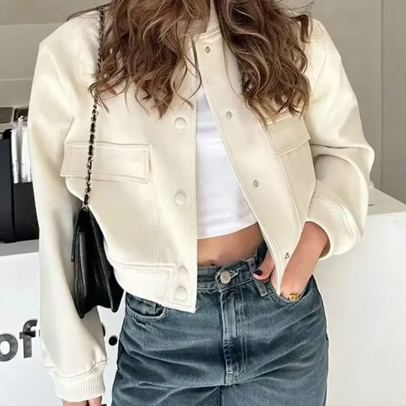 

New Solid Color Long Sleeve Women's Bomber Jacket Fashion Zipper Up Vintage Coat Tops Elegant Loose Basic Ladies Jackets