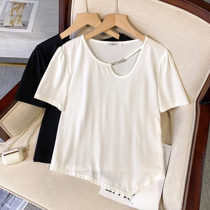 XL-4XL Oversize Short Sleeve T-shirt Female Summer Asymmetrical V-neck Irregular Large Size Tops Cotton Rhinestone Letter Tshirt