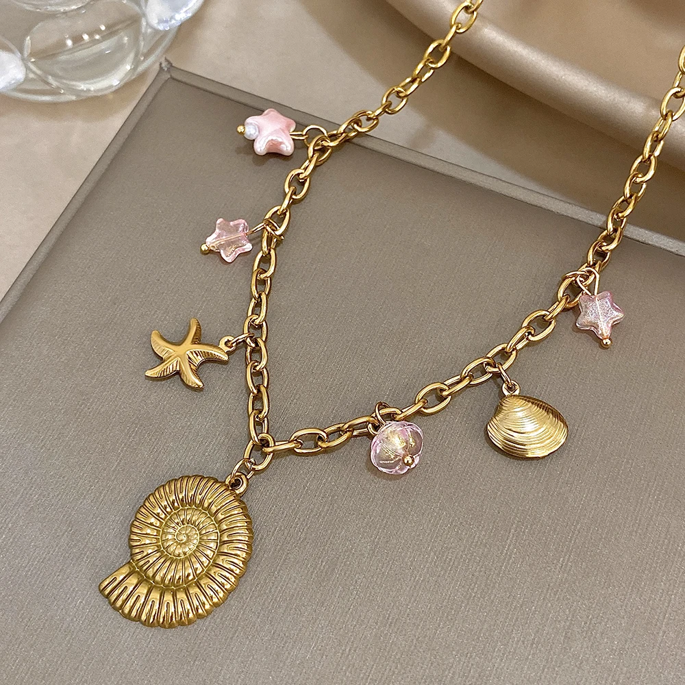 

Freetry Bohemia Stainless Steel Big Conch Starfish Pendant Necklace for Women Summer Beach Adjustable Golden Choker Neck Jewelry