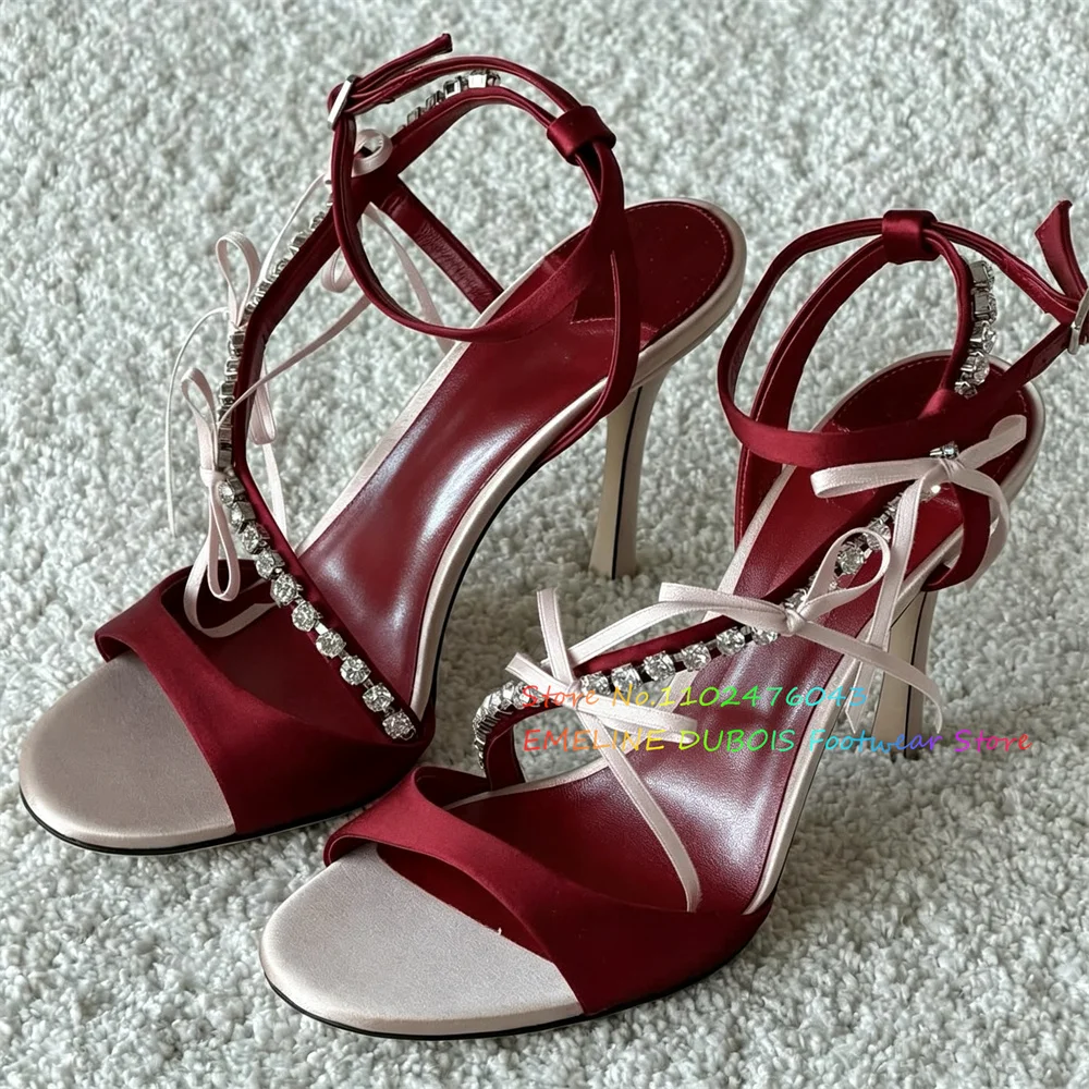 French Wine Red Satin Bow Water Diamond Sandals for Women Summer New Open Toe Stiletto Heel Crystal Banquet Party Dress Shoes