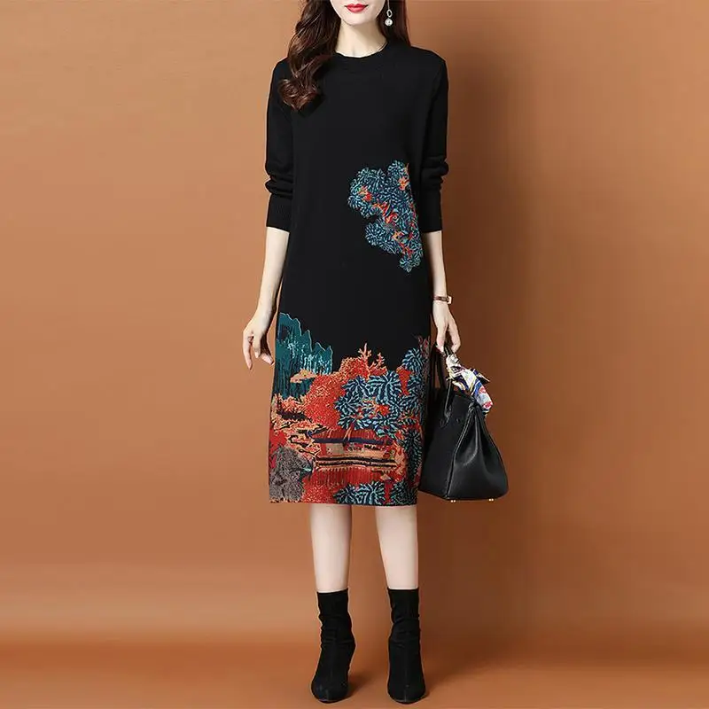 

2024 Fall Print Vintage Half High Turtleneck Knitted Sweater Dresses Winter Casual Knitting Sweaters Elegant Women Vestidos B90