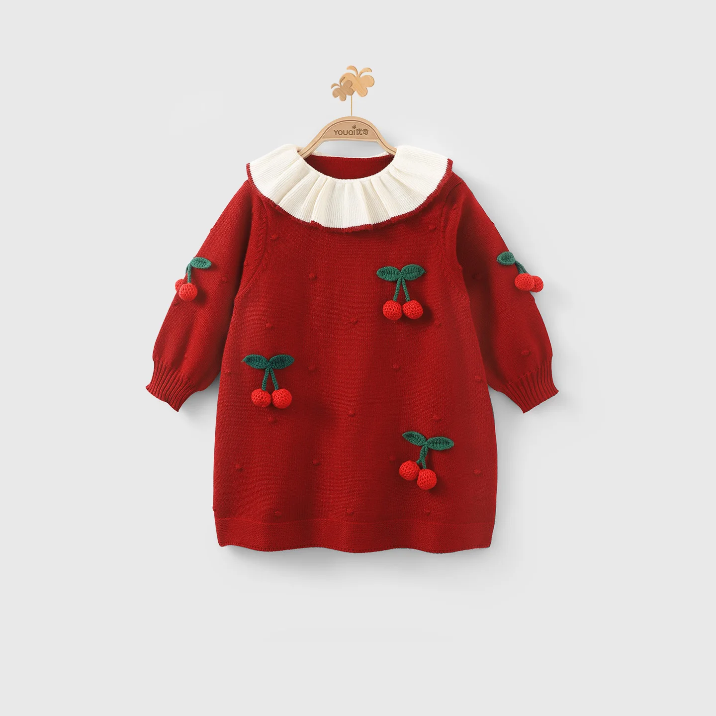 فستان محبوك على طراز الأميرة للفتيات مع ياقة لوتس للأطفال من القطن الخالص، تنورة سترة خريفية بتصميم كرز حلو، أزياء لطيفة