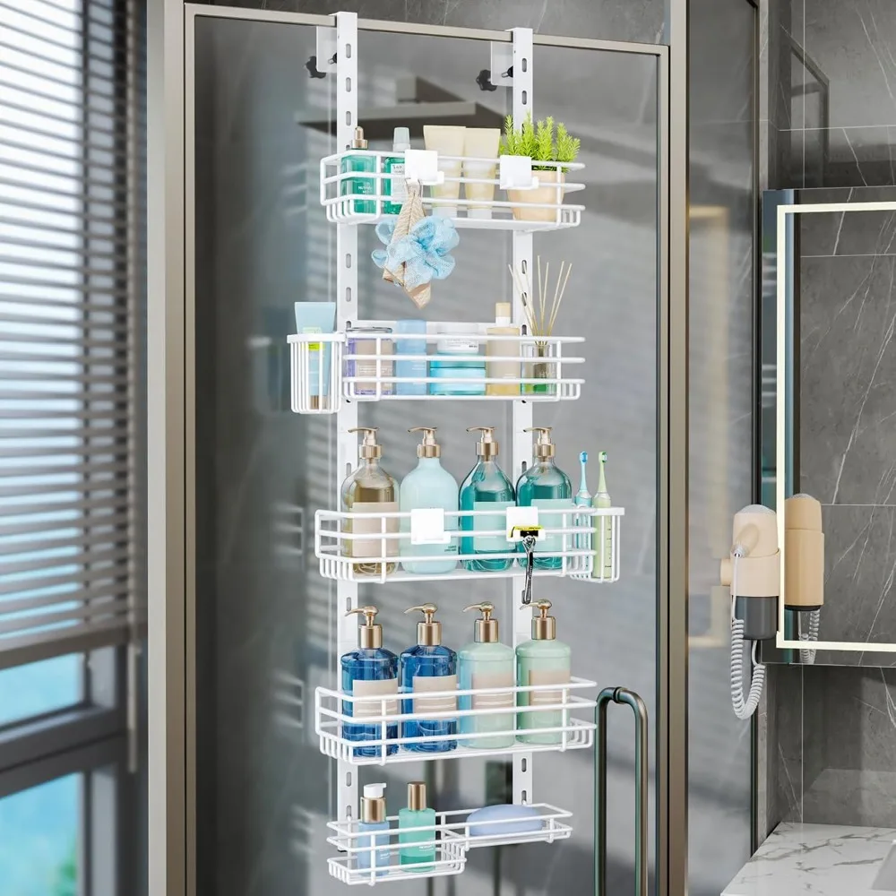 

Consumest Over The Door Shower Caddy - 5 Tier Adjustable Shower Organizer Hanging with 2 Toothbrush Holders & 4 Hooks,