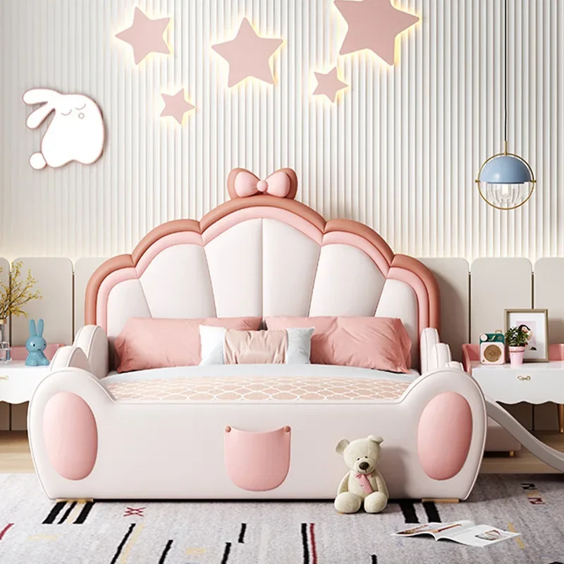 Children's bed girl princess bed modern slide  dream castle solid wood leather bow pink  with guardrail