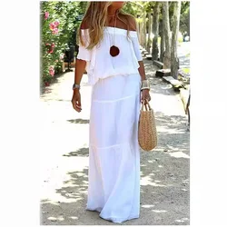 2024 Summer New Fashion Casual Solid Color One Shoulder Elastic Waist Short Sleeve Long Dress Women's Robe