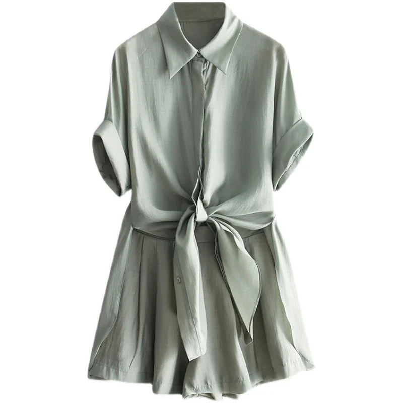 

Women's Summer Two Piece Set Tie Knot Shirt and Elastic Waist Shorts Casual