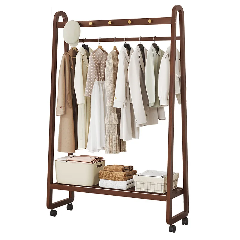 

Solid wood coat rack Bedroom floor household with wheel hanger Double rod type bag hanger Simple bracket Clothes rack