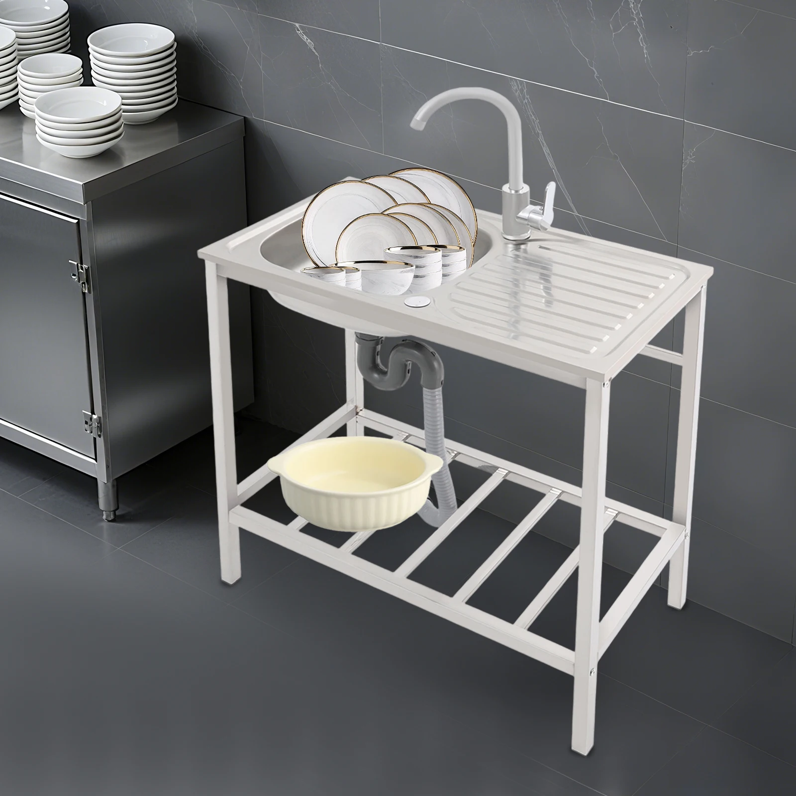 Free Standing Sink Sink with Operation Countertop and Bottom Shelf Stainless Steel Kitchen Single Bowl Sink 30KG Capacity