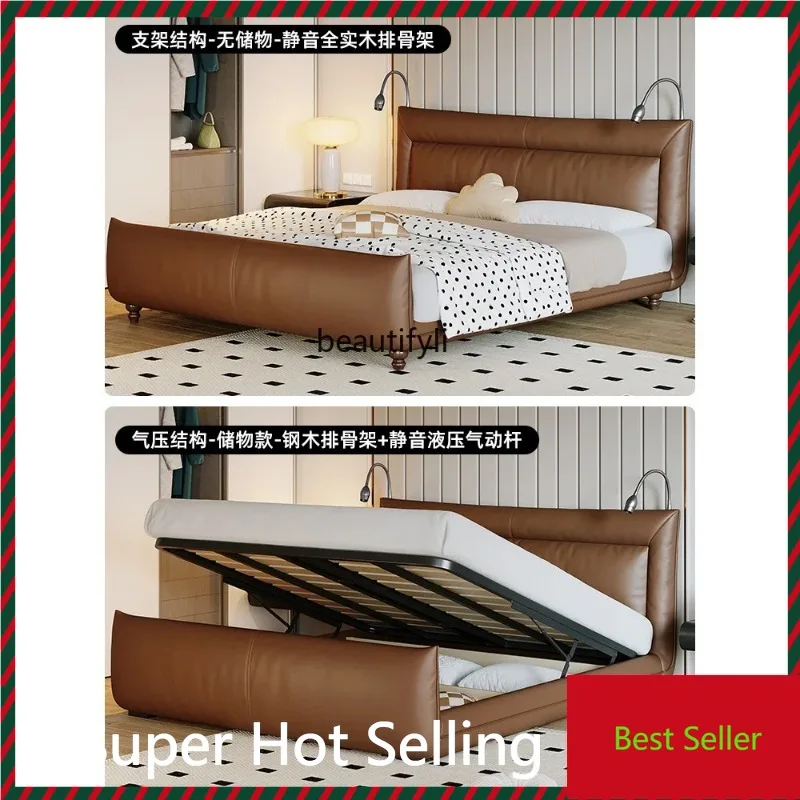 

K132 Retro Leather Bed Italian Minimalist Double Master Bedroom Marriage Bed High Box Storage Bed Multi-Functional