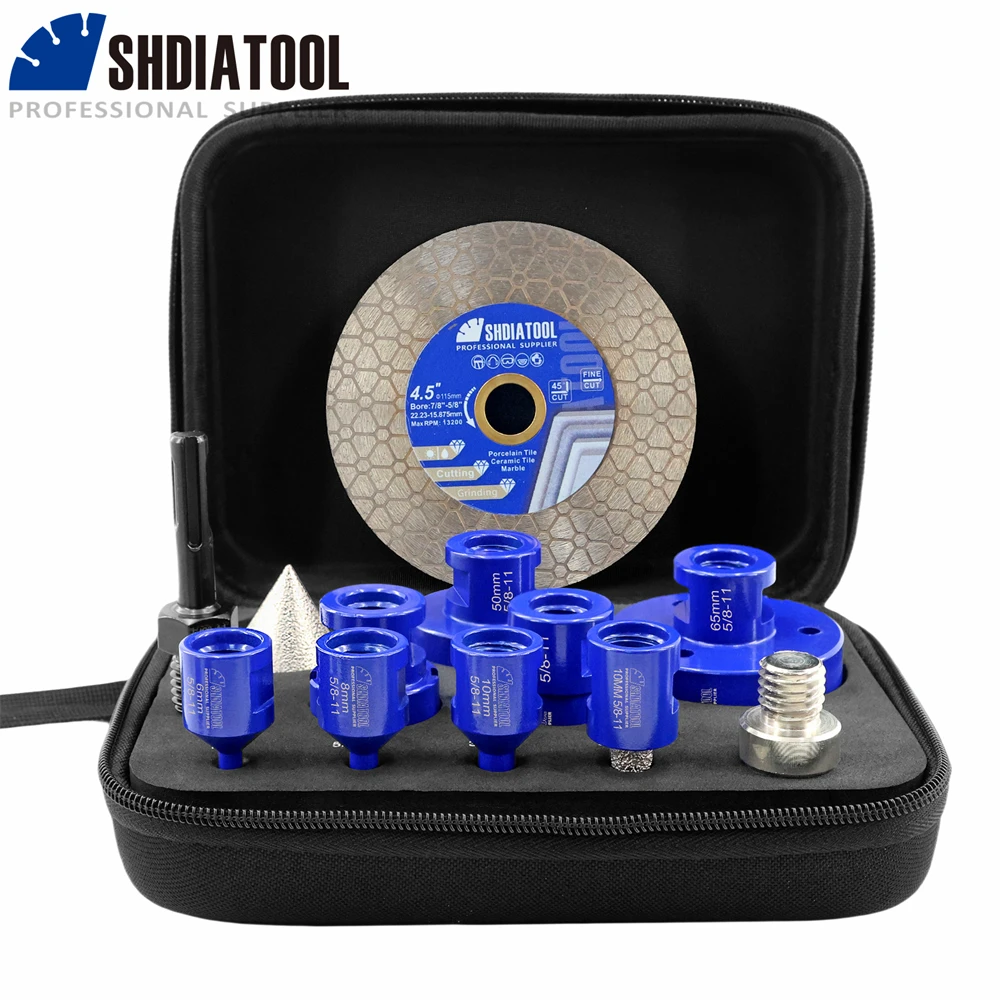 SHDIATOOL 12 ชิ้น 6-65 มิลลิเมตรรูเพชรเจาะ Bits ชุด + 10 มิลลิเมตร Milling Bit + 50 มิลลิเมตร Chamfer + 115 มิลลิเมตรแผ่นตัด + อะแดปเตอร์ Hex กระเบื้อง Bits