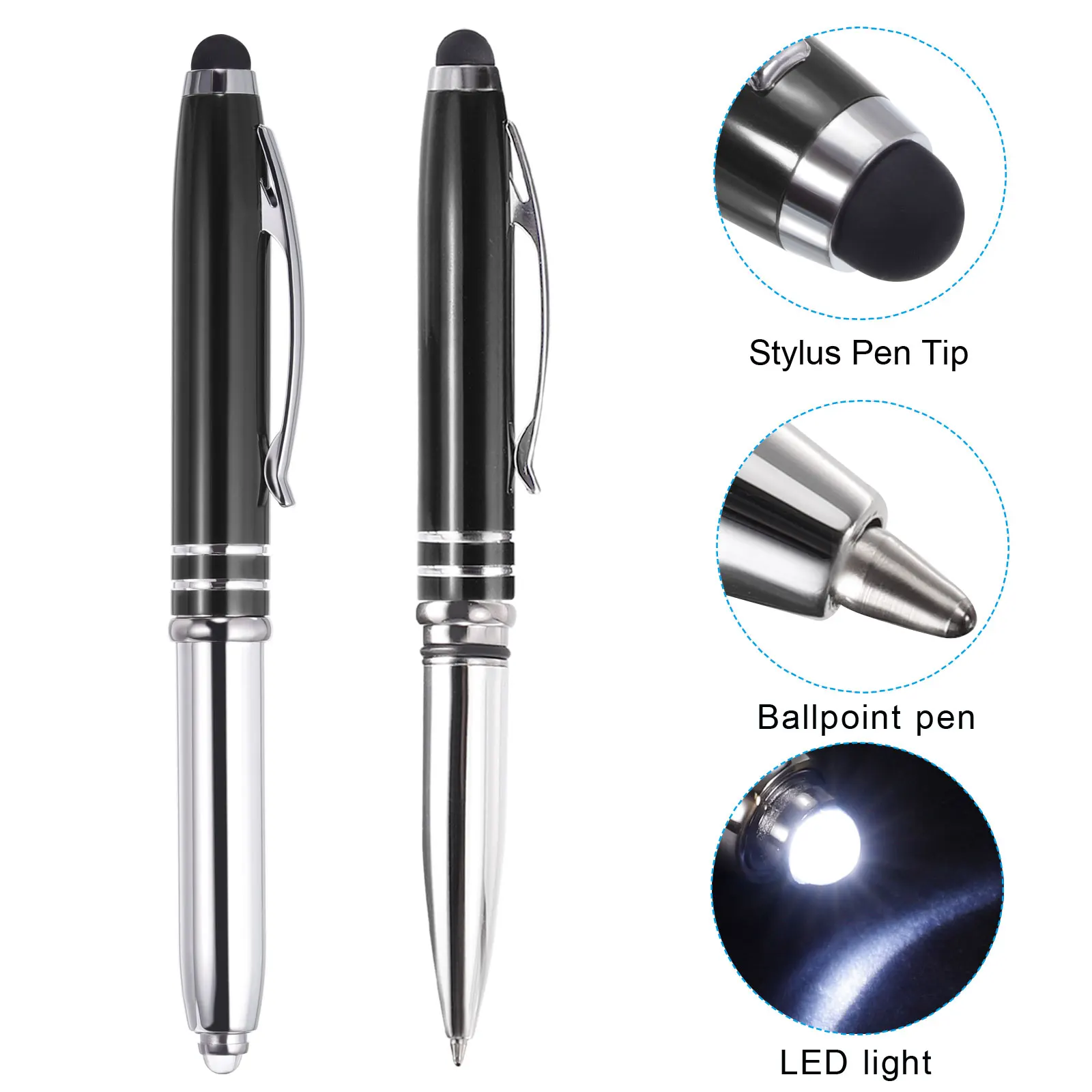 Penna a sfera da 2/5 pezzi con punta stilo e torcia a LED Penna in metallo 3in1 Inchiostro nero Penna stilo a punta media da 1,0 mm per touch screen