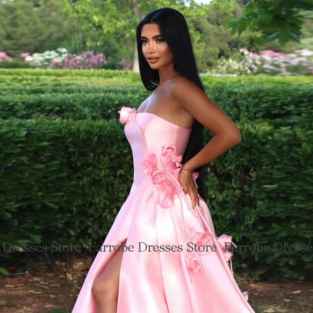 

Dreamy Birthday Party Dresses 2025 Satin A-line Prom Dress Pink Strapless Side Split 3D flower Tailing Women Ceremony Dress Long
