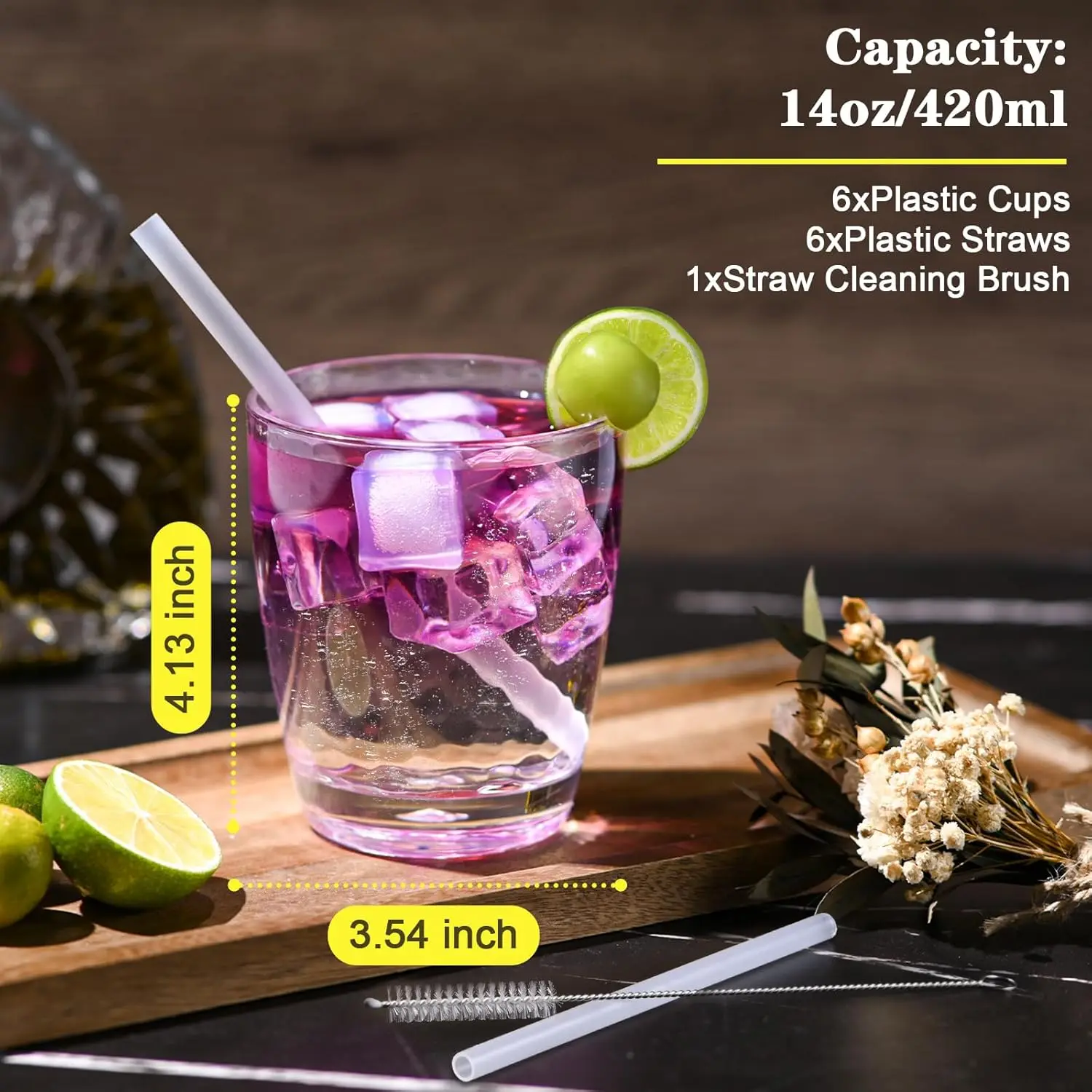 6 copos plásticos dos pces para beber de 14 oz, copos acrílicos com canudo & escova de pp, bpa-livre, copos de água empilháveis, cu claro