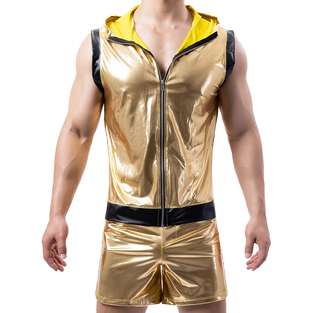 Men's Sexy Tank Tops Boxer Shorts Set Metallic Leather Sleeveless Hooded Vest Gold Shorts Men Clubwear Stage Performance Costume