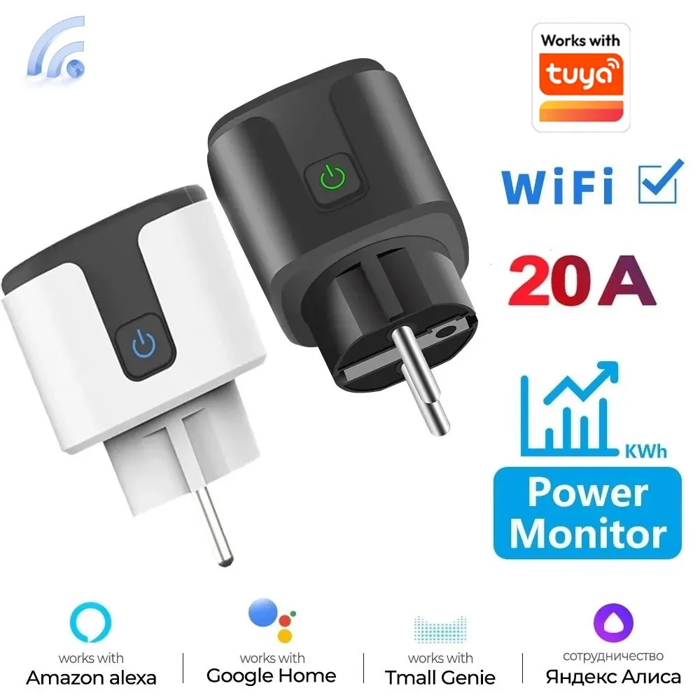 Works with Tuya APP Smart EU Plug WiFi+Bluetooth 20A Socket Power Monitoring Timer Child Lock Outlet Google Home Alice