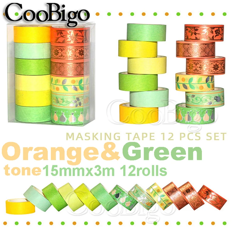 

Green and Orange Washi Masking Tape Set Foil Adhesive Sticker Scrapbooking Journal Diary Decoration Stationery 12Rolls/Lot