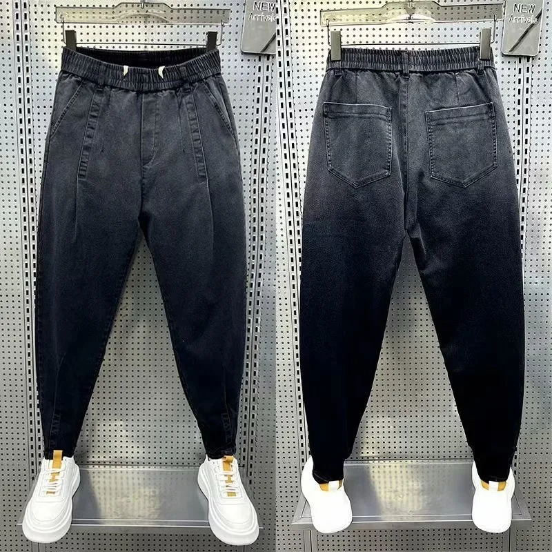 Men's Autumn Winter Large Size 250 Pounds Cuffed Denim Pants Pure Color Elastic Waist Regular Wash Casual Pants Super Popular...