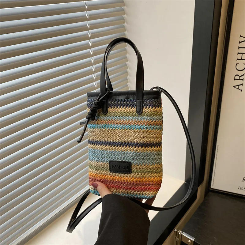 Colorblock woven bag women's 2025 summer new trendy fashionable straw phone bag Korean style